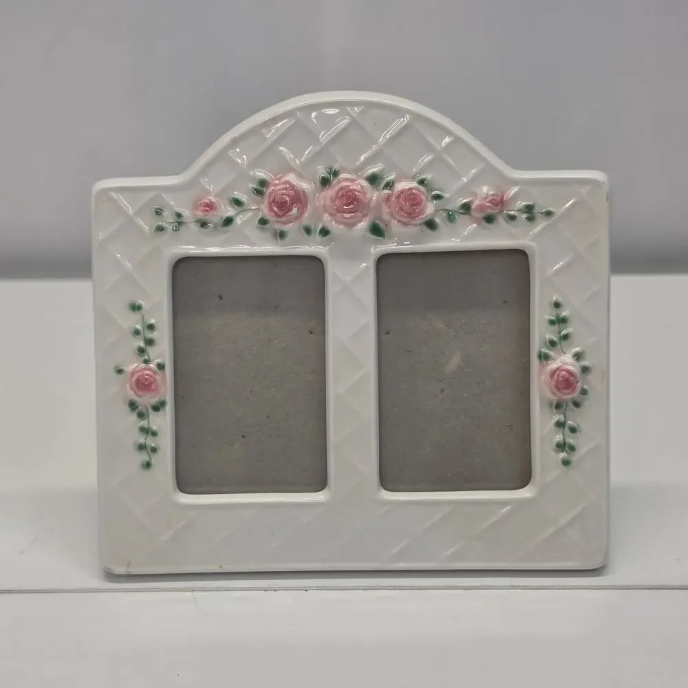 Fitz and Floyd Blushing Rose White Ceramic Double Photo Frame Cottagecore Shabby